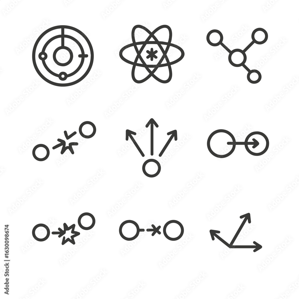 Poster physics collision icons. outline icon set of collision in physics: particle accelerator, atom smash,
