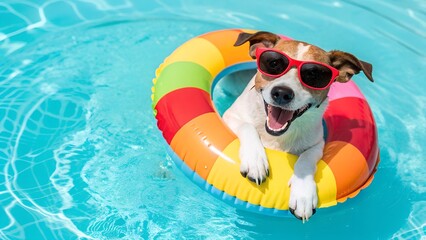 Cute funny dog with swim floating ring for summer vacation on color background with space for text