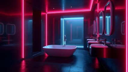 Cyberpunk Bathroom with Neon Lights and Futuristic Tub