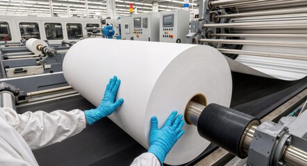 A worker in a white lab coat and blue gloves operates a large roll of white paper in a manufacturing facility. The environment is clean and industrial.