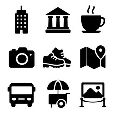 Spring Break Icons. Solid, filled icons set of Spring break city exploration: skyscraper, museum, coffee cup,