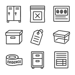 Evidence Icon Set. Outline icon set of evidence storage: evidence locker, sealed bag, fingerprint card, storage box, evidence tag,