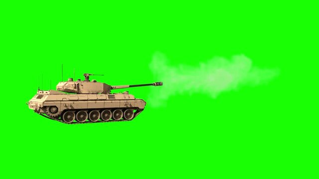 Battle tank firing on green screen background