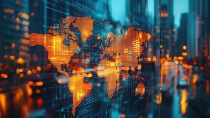 Digital world map technology glowing city lights global network data visualization vibrant urban environment futuristic illuminated cityscape abstract map connectivity dynamic background - Powered by Adobe