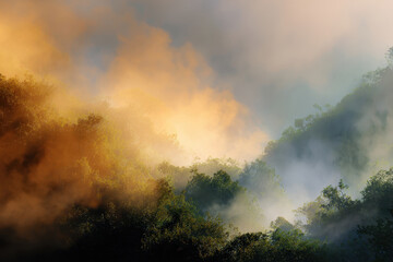 Fototapeta premium Misty Mountain Sunrise: A serene landscape of rolling hills enveloped in a dense mist, illuminated by the soft glow of the sunrise. Evokes a sense of calm and wonder.