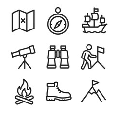 Exploration Icon Set. Outline icon set of early exploration: map, compass, ship, telescope, binoculars, flag planting, campfire,
