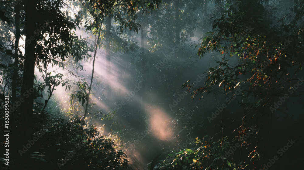 Poster enchanting forest: sunlight streams through a dense canopy, illuminating a misty, mysterious forest 