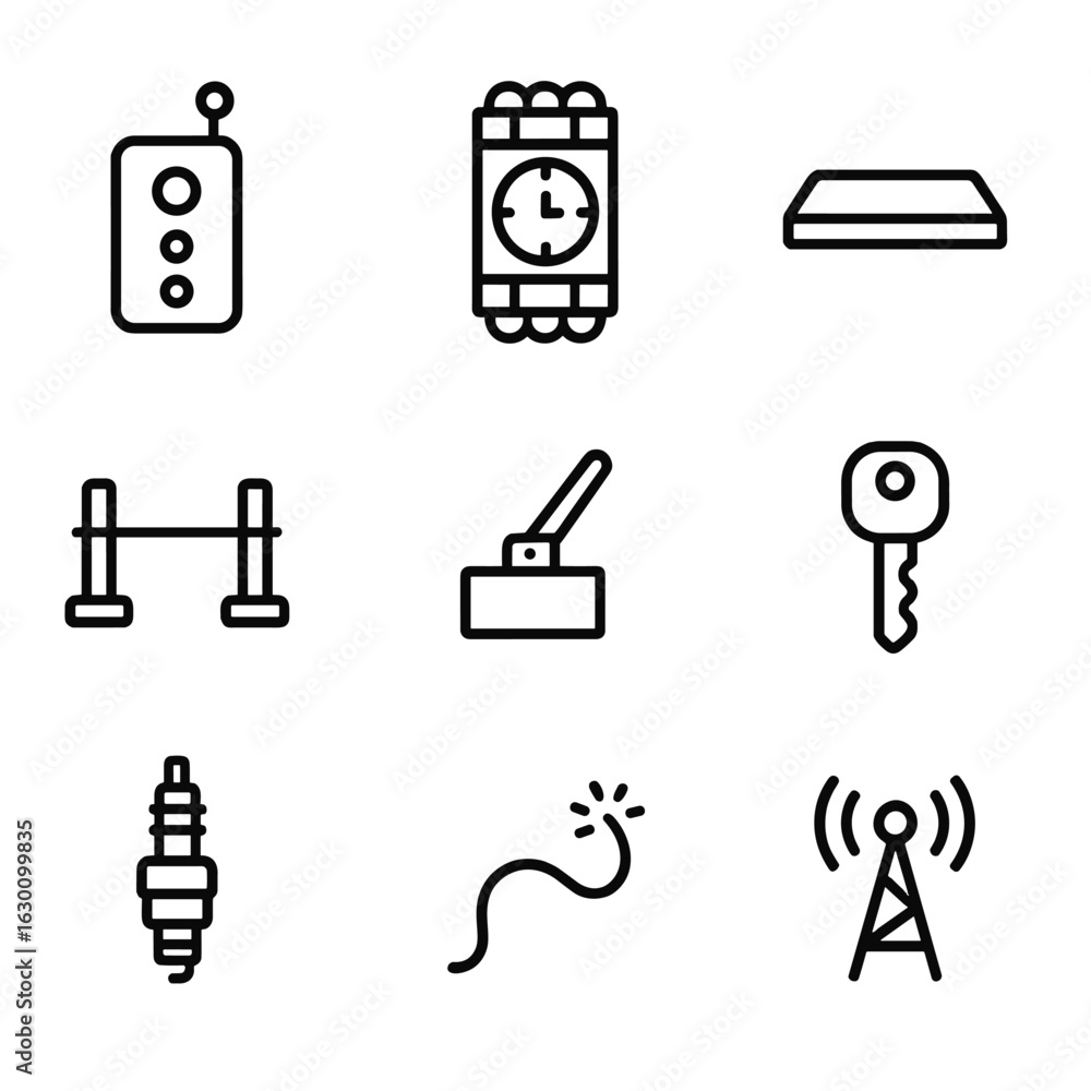Poster explosive triggers icons. outline icon set of explosive triggers: remote detonator, timer, pressure 