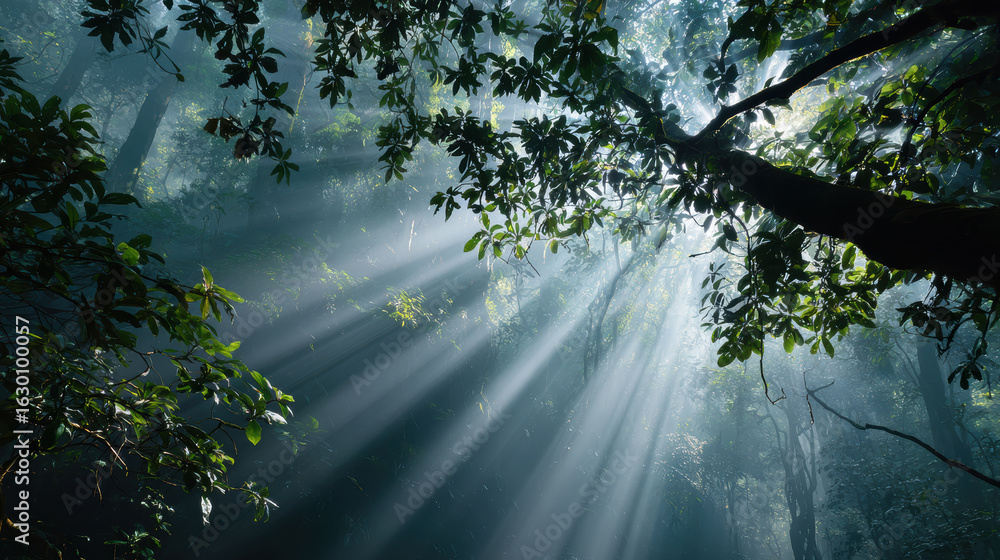 Poster sunbeams in forest: a breathtaking display of sunbeams filtering through the dense canopy of a majes