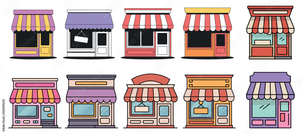 Poster collection of colorful storefront illustrations with transparent background for versatile design pro