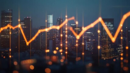 City skyline at night with glowing orange financial graph overlay, illustrating dynamic market trends, economic growth, and business data visualization in urban skyscraper environment - Powered by Adobe