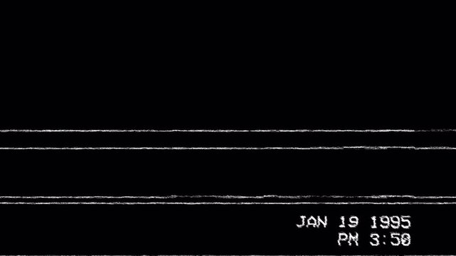 Damaged analog videotape screen from 1995 showing playback distortion, tracking errors, and a timestamp. Retro lo-fi glitch effect background.