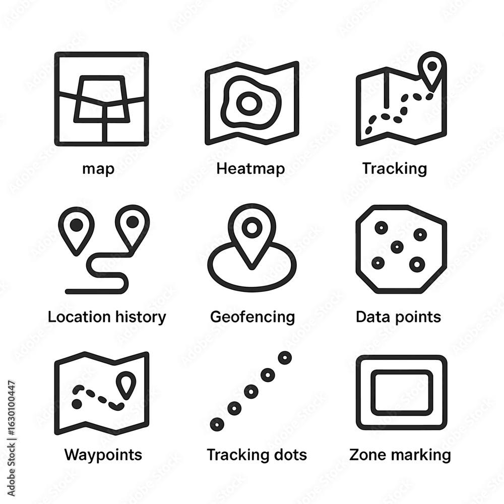 Poster positioning icon set. outline icon set of positioning visualization: map overlay, heatmap, tracking 