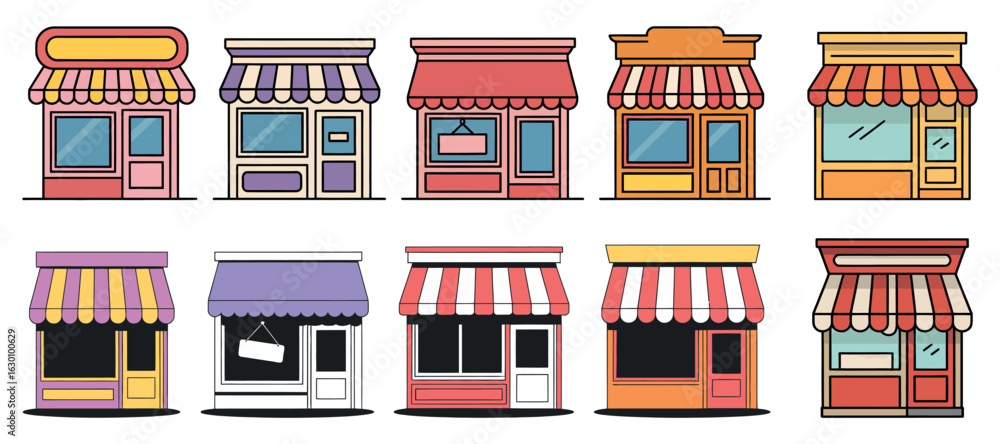 Poster collection of colorful storefront illustrations with transparent background for versatile design pro