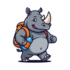 Obraz premium Cartoon Rhinoceros Character Smiling and Walking with Backpack and Water Bottle in Playful Adventure