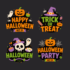 Halloween party badge set, pumpkin illustration, october 31 vector, spooky skull, creative celebration design