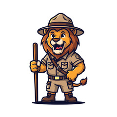 Naklejka premium Cartoon Lion Character in Safari Outfit Holding a Walking Stick Ready for Adventure in the Wild