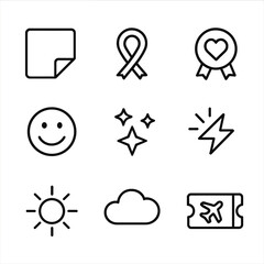 Fototapeta premium Postcard Decoration Icons. Outline icon set of postcard decoration: stickers, ribbon, heart seal, smiley face, stars, camera flash