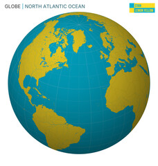 Vector Globe centered to North Atlantic Ocean. Cyan Lemon Yellow palette. World map with meridians, parallels, countries, rivers and lakes. Artistic vector illustration.