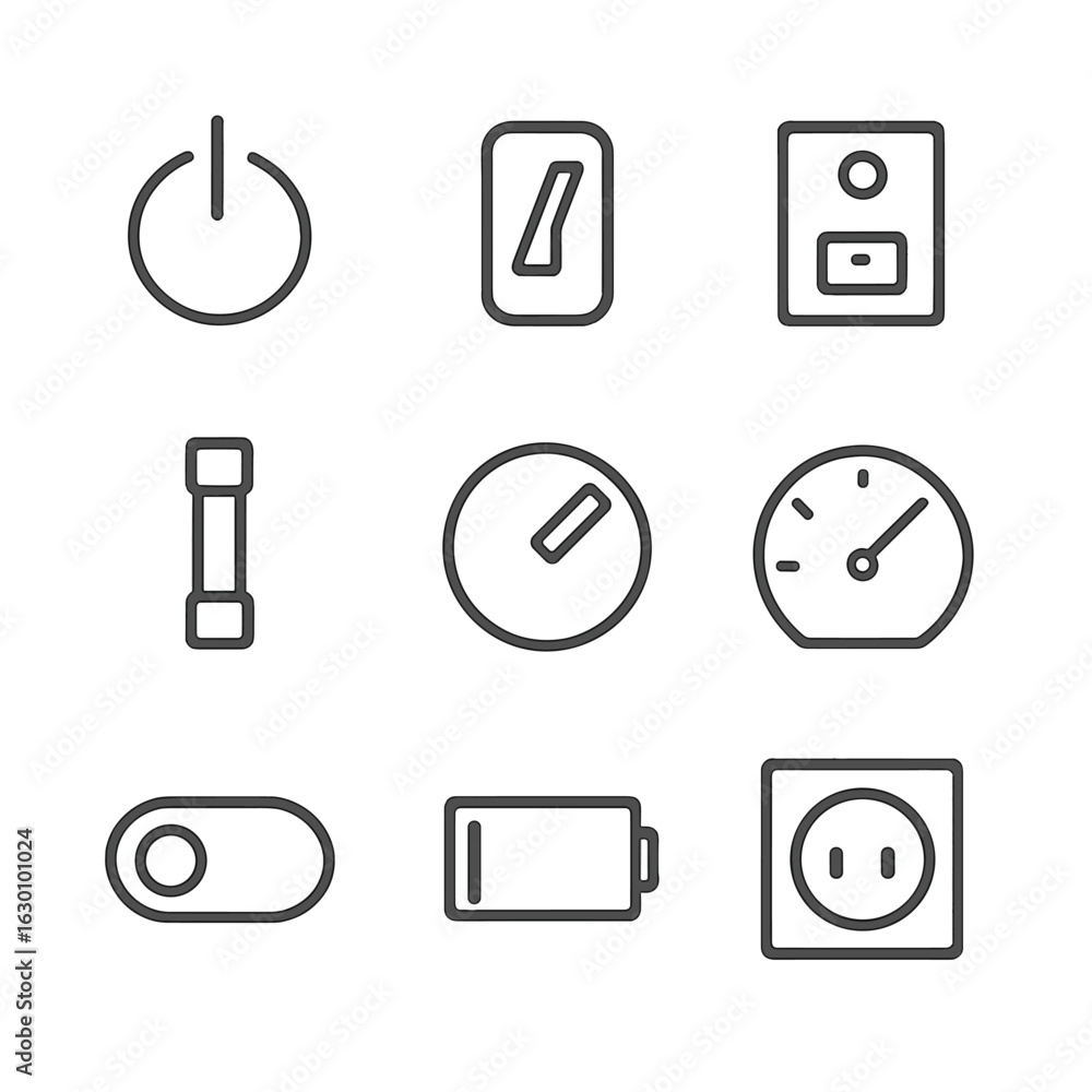Poster power symbols icons. outline icon set of power symbols and controls: power button, switch, circuit b