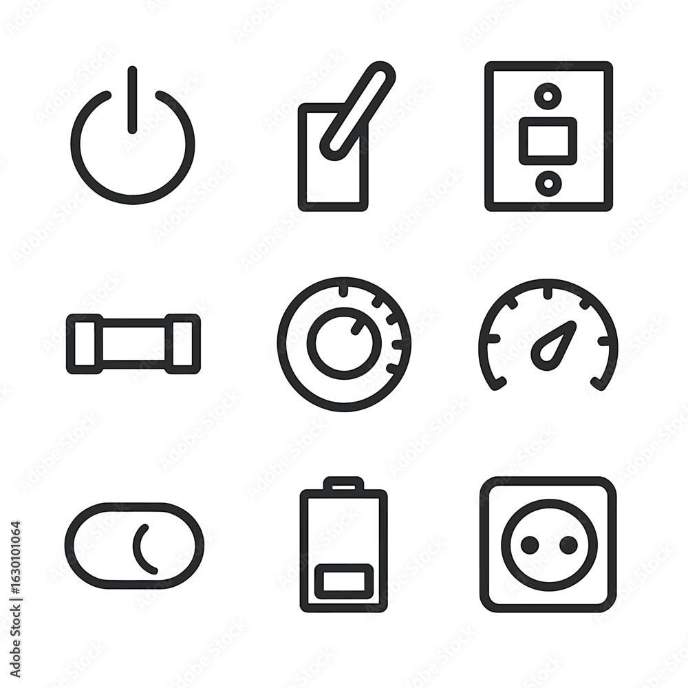 Poster power symbols icons. outline icon set of power symbols and controls: power button, switch, circuit b