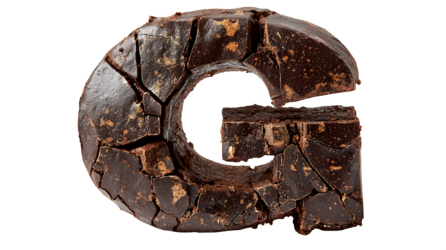 A letter 'G' in cookie style, with a rich, dark chocolate color and a cracked surface, isolated on a Transparent Background