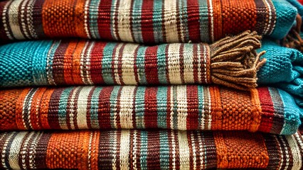A stack of colorful, striped woven blankets with fringe, showcasing intricate patterns and cozy textile textures