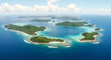 An aerial shot captures a stunning tropical paradise, featuring a group of lush, green islands surrounded by crystal-clear turquoise water and vibrant coral reefs.