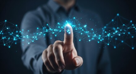 Man interacts with futuristic digital network interface concept