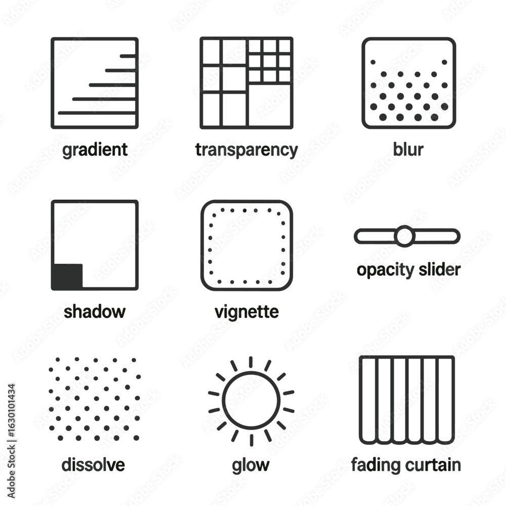 Poster fading effects icon set. outline icon set of fade effects: gradient, transparency, blur, shadow, vig