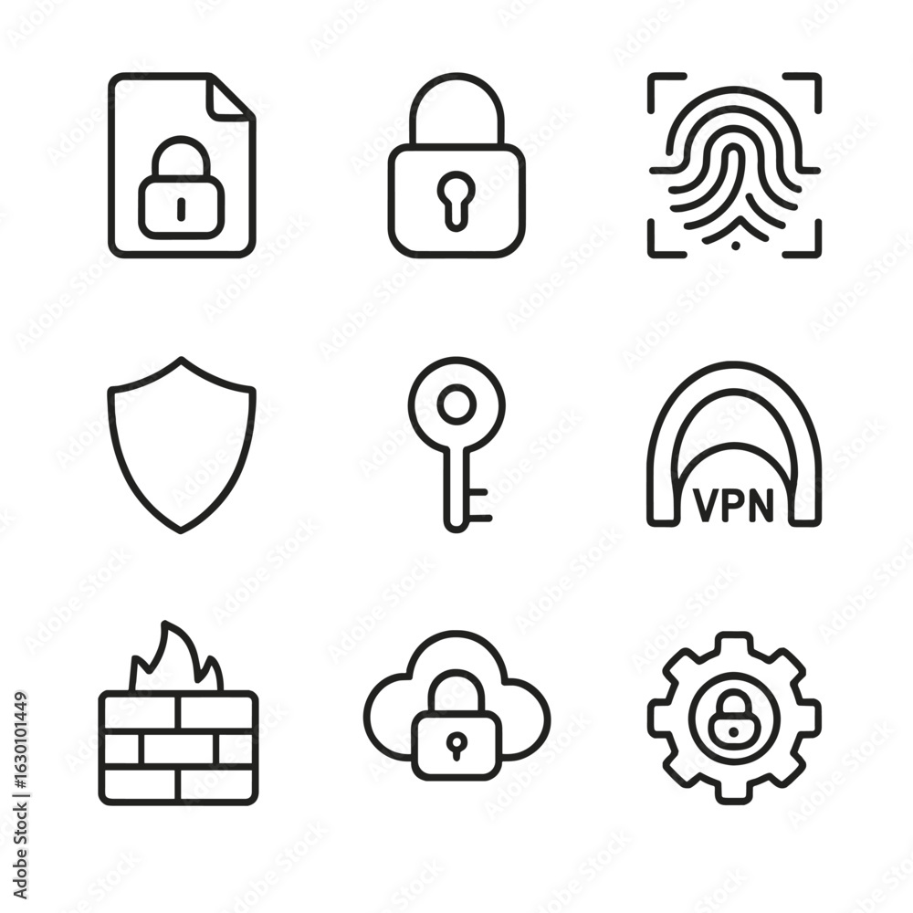 Poster private data security icons. outline icon set of private data security: encrypted file, lock icon, f