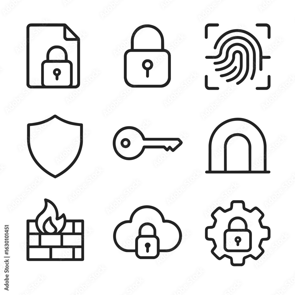 Poster private data security icons. outline icon set of private data security: encrypted file, lock icon, f