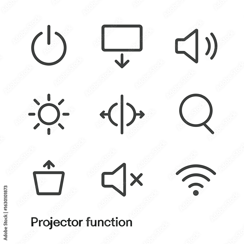 Poster projector function icons. outline icon set of projector functions: power on/off, input source, volum