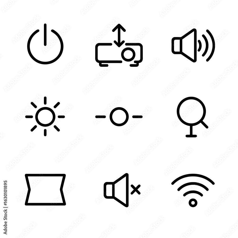 Poster projector function icons. outline icon set of projector functions: power on/off, input source, volum