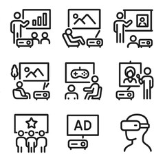 Projector Icon Set. Outline icon set of projector usage scenarios: business presentation, home cinema, classroom teaching, outdoor