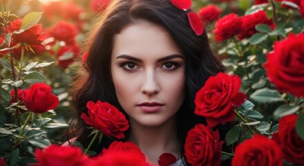 Naklejka premium Beautiful woman in a garden of red roses in soft light