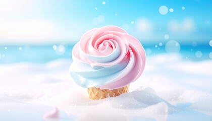 Cône de crème glacée en forme de rose, isolé dans un décor givré. Generated image