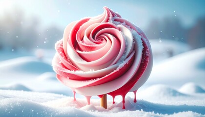 crème glacée bicolore en forme de rose dans un décor blanc et givré. Generated image