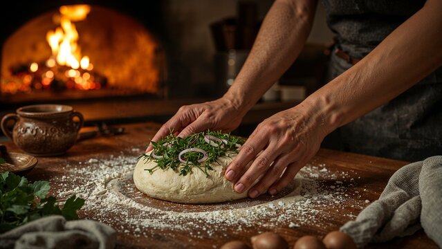Hands preparing dough with herbs and onions on a floured wooden surface near a brick oven with fire