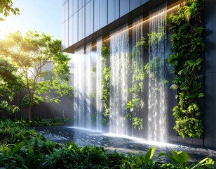 Mur d'eau en cadre urbain pour rafraichir l'atmosphère en période caniculaire. Generated image