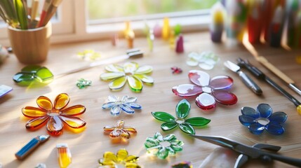 A table with a variety of colorful glass flowers and tools, including scissors