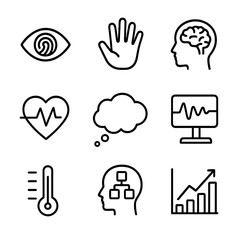 Psychology Icon Set. Outline icon set of psychological evidence: eye print, hand mark, brain scan, emotional pulse, thought bubble