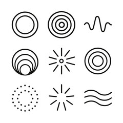 Pulse Icon Set. Outline icon set of pulse in abstract and design: concentric circles, ripple pulse, wave rings, radiating lines,