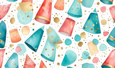 Colorful abstract watercolor shapes with gold accents on white background  