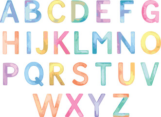 Collection of watercolor illustrated colorful alphabet letters in vector format