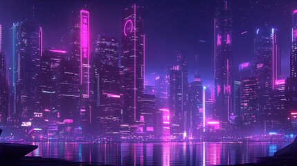 Fototapeta premium Futuristic city skyline at night, vibrant neon lights reflecting on water