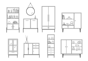 Wardrobe collection in linear style isolated on white background. Modern furniture. Vector illustration