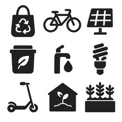 Sustainable Living Icons. Solid, filled icons set of Sustainable living and climate action: reusable bag, bike
