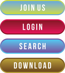 set of colorful gradient web buttons with text: join us, login, search, and download for UI design

