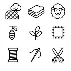 Fototapeta premium Quilt Material Icons. Outline icon set of quilt materials: cotton fabric, batting, wool, silk, polyester, linen, thread spool,